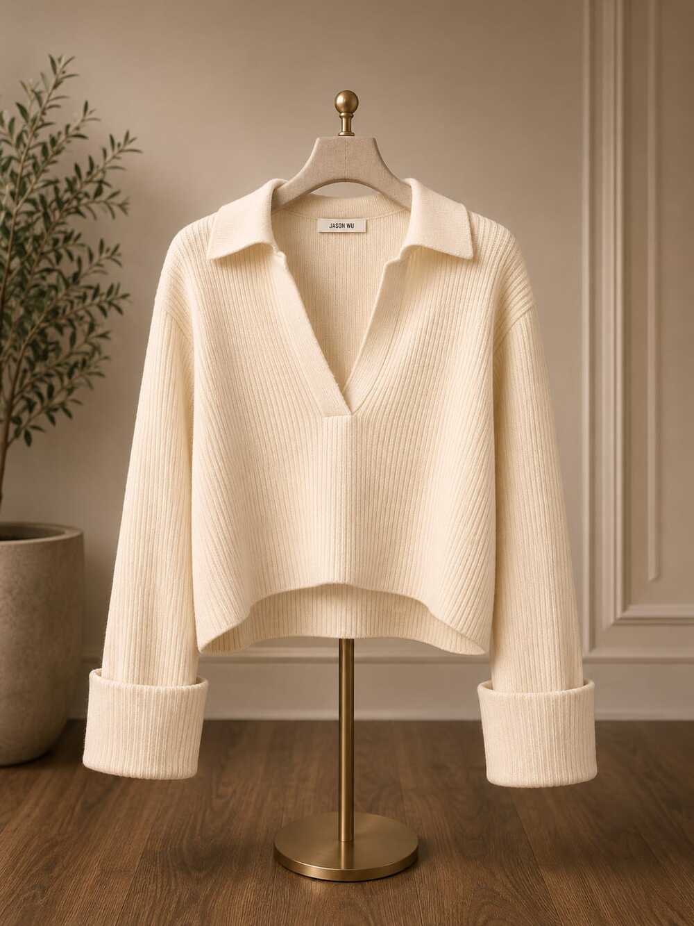 Jason Wu Cream Rib Knit Collared Sweater, Size M